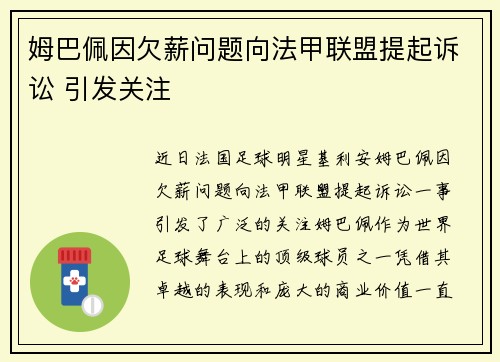 姆巴佩因欠薪问题向法甲联盟提起诉讼 引发关注