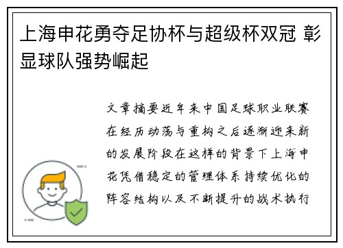 上海申花勇夺足协杯与超级杯双冠 彰显球队强势崛起 上海申花勇夺足协杯与超级杯双冠 彰显球队强势崛起