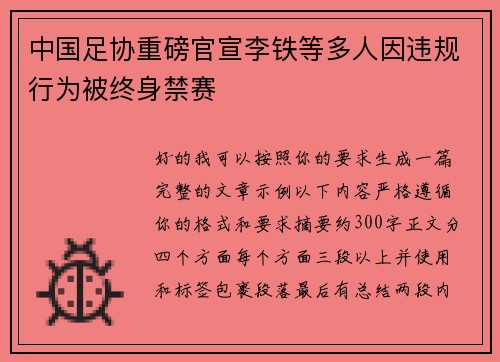 中国足协重磅官宣李铁等多人因违规行为被终身禁赛